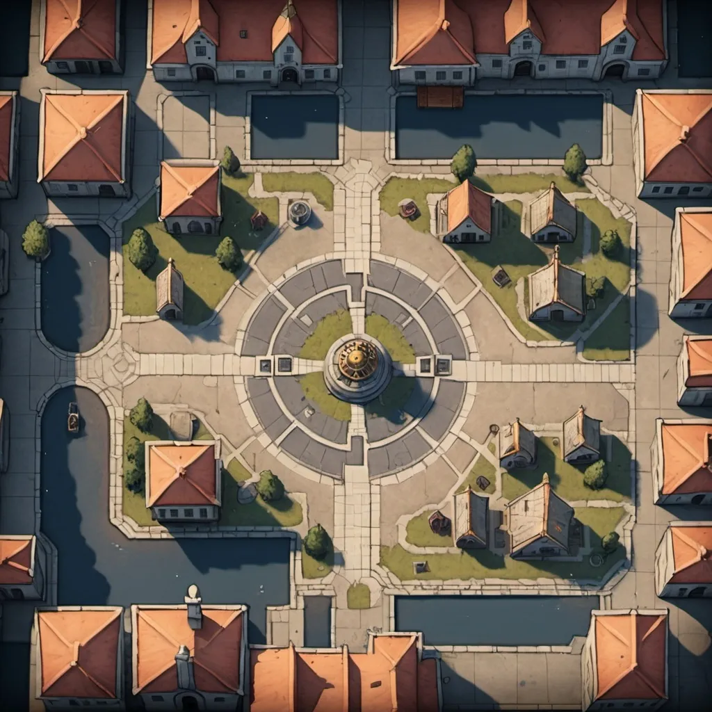 Prompt: A top-down map of a city Square, 2d dnd battlemap, highly details, 8k