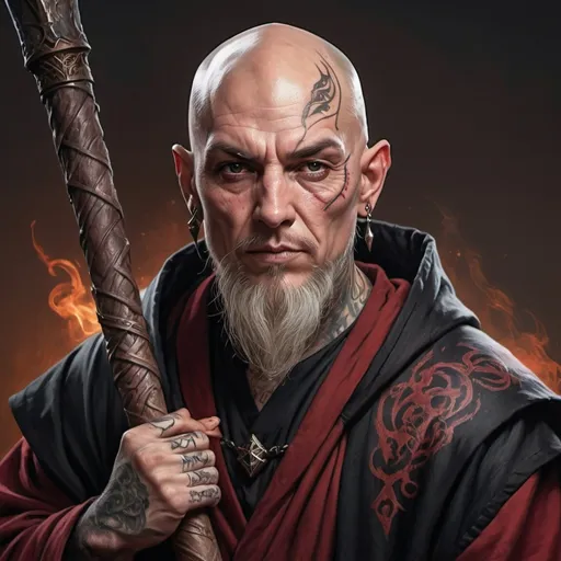 Prompt: hyper-realistic dark wizard, no beard, a bald head, Lots of tattoos, tattoos on his face and head, black and red robes, large powerful staff, fantasy character art, illustration, dnd, warm tone