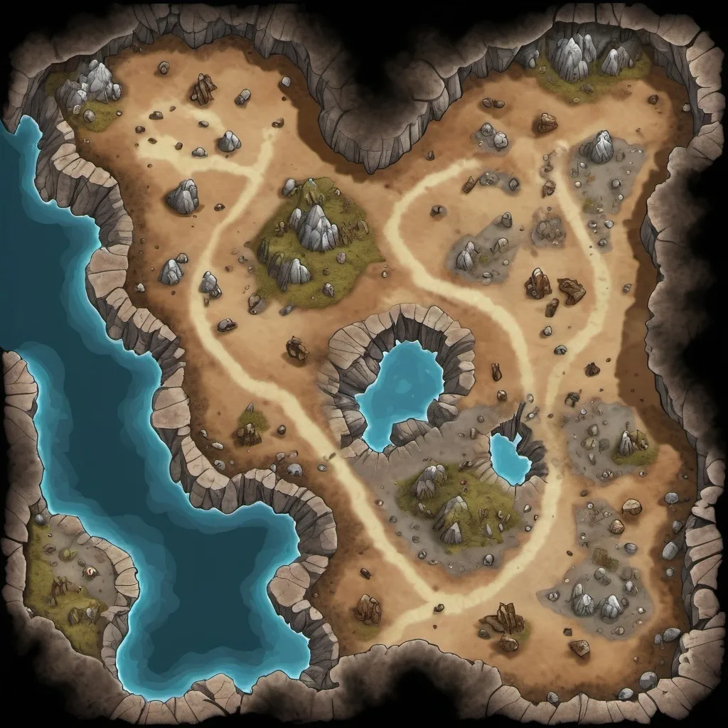 Prompt: A top-down map of a large cave, 2d dnd battlemap, highly details, 8k