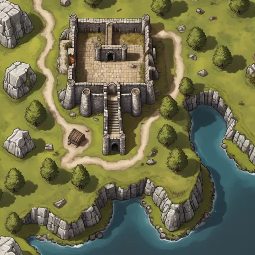 Prompt: A top-down map of an old stone fort, 2d dnd battlemap, highly details, 8k