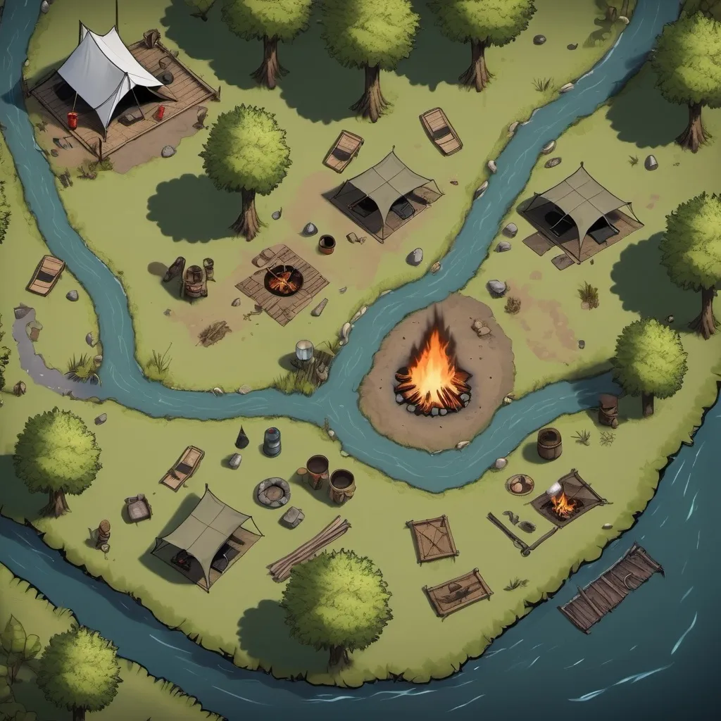 Prompt: A top-down map of a swamp campsite with multiple tents surrounding a large firepit, near a river 2d dnd battlemap, highly details, 8k