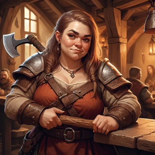 Prompt: Female dwarf character with a human like face holding an axe in a tavern , fantasy character art, illustration, dnd, warm tone