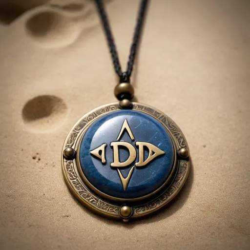 Prompt: Hyper-realistic old world blue stone talisman necklace with a sand hour-glass and inscribed with “1D6” 