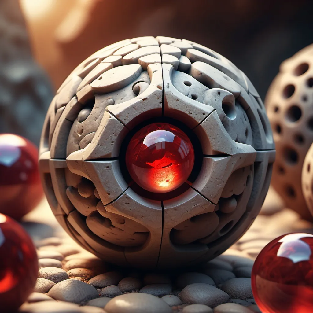 Prompt: hyper-realistic Strange Device made of several stone spheres with strange runs with a magical red stone floating at its core, fantasy character art, illustration, dnd, warm tone