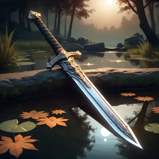 Prompt: hyper-realistic short sword of the moonlit star, resting on a pond, fantasy character art, illustration, dnd, warm tone