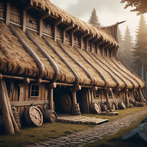 Prompt: hyper-realistic viking longhouse, outside view fantasy character art, illustration, dnd, warm tone