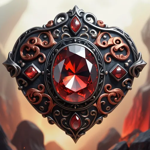 Prompt: hyper-realistic, chest jewel with a gemstone, magical energy red and black, fantasy character art, illustration, dnd, warm tone