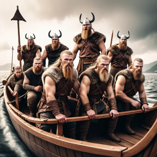 Prompt: hyper-realistic  Group of Viking men on a longboat, fantasy character art, illustration, dnd, warm tone