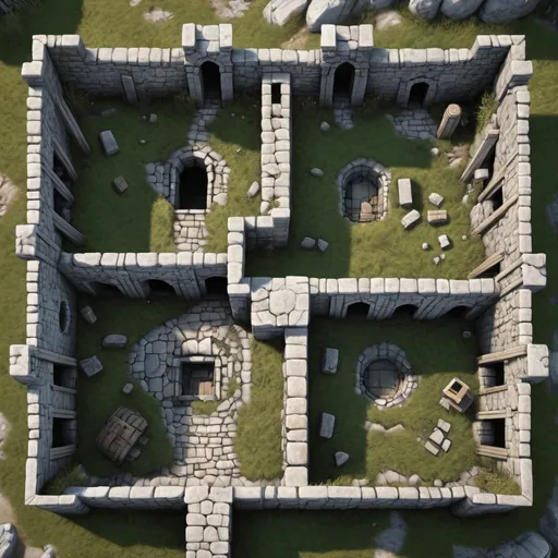 Prompt: A top-down hyper realistic map of an stone ruins with several rooms, 2d dnd battlemap, highly detailed, 8k