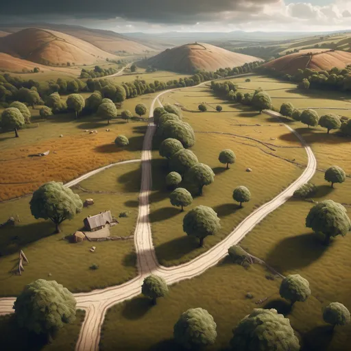 Prompt: hyper-realistic top down map of a countryside with a long dirt road, fantasy character art, illustration, dnd, warm tone