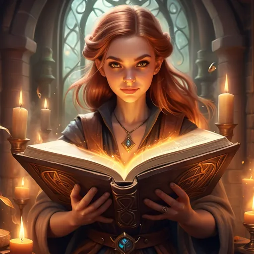 Prompt: hyper-realistic enchanted spellbook, fantasy character art, illustration, dnd, warm tone