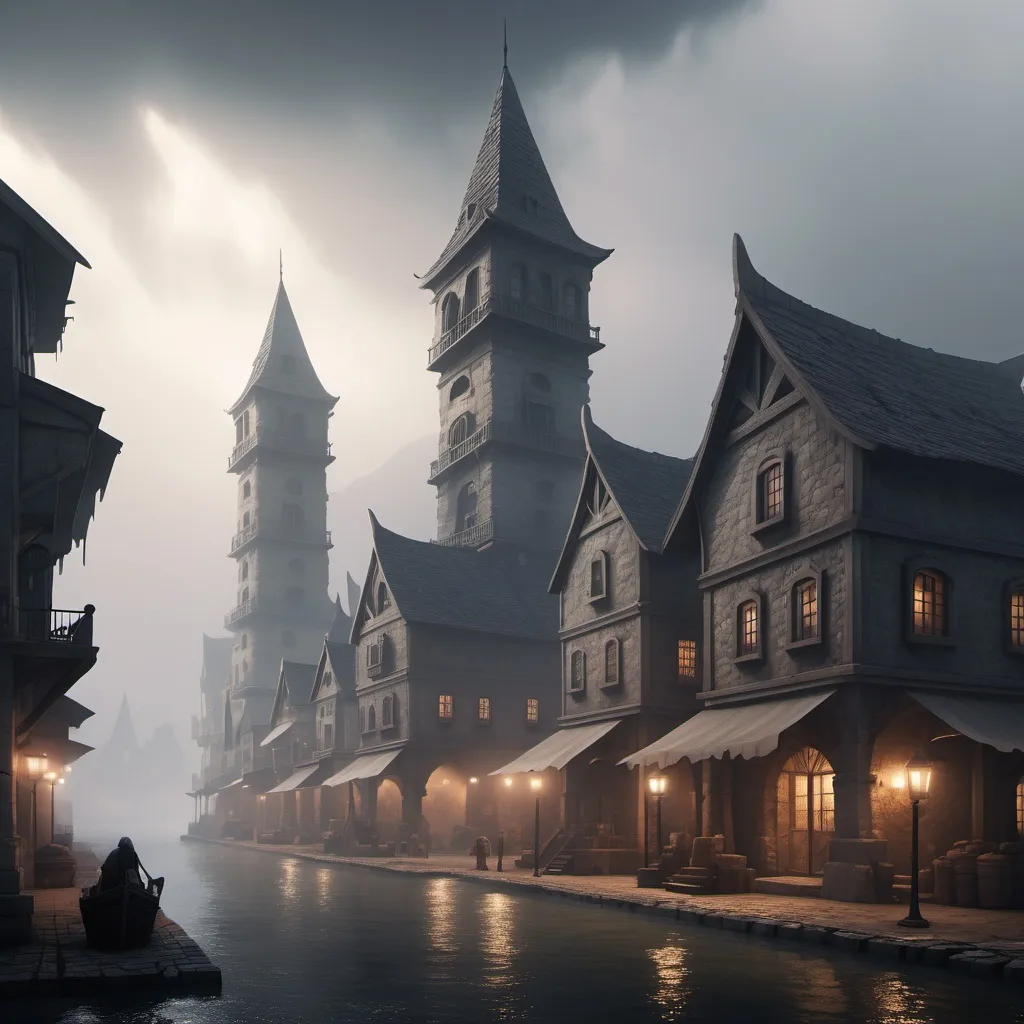 Prompt: Large port city trade center, stone buildings, settlement, foggy, dramatic fantasy settlement scene, cinematic lighting