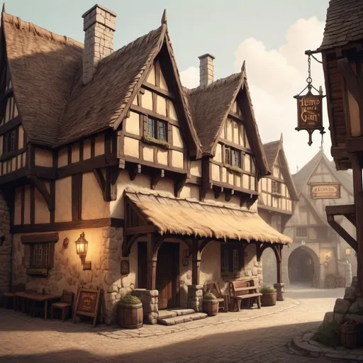 Prompt: hyper-realistic medieval inn with a hanging street sign called the sleeping giant, illustration, dnd, warm tone