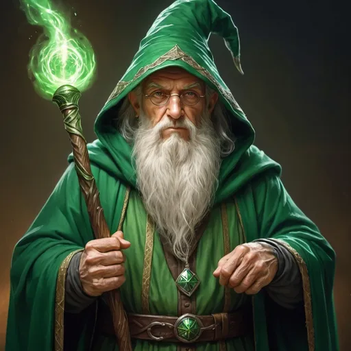 Prompt: hyper-realistic old powerful green robed wizard, large powerful staff, fantasy character art, illustration, dnd, warm tone