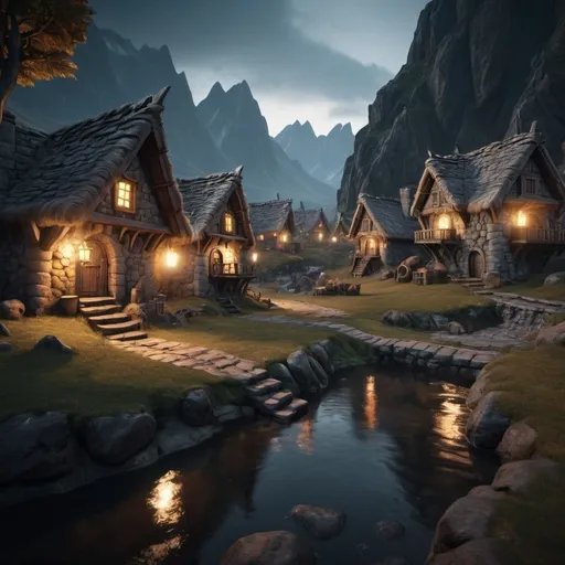 Prompt: small Dwarven village stone houses, dramatic fantasy settlement scene, cinematic lighting