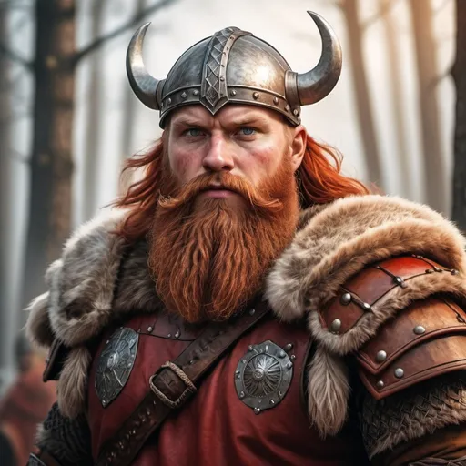 Prompt: hyper-realistic large red bearded viking with bearskin armor, fantasy character art, illustration, dnd, warm tone