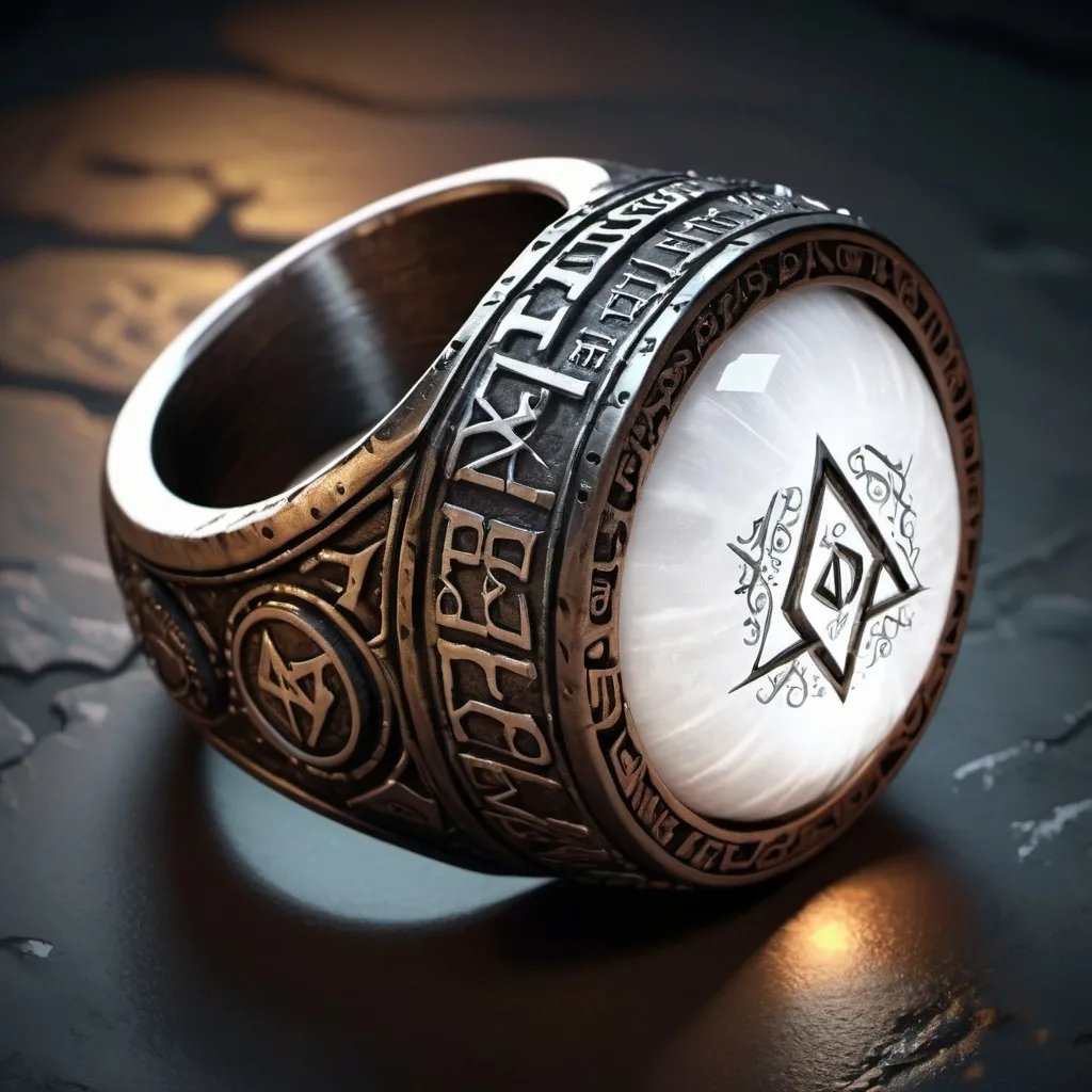 Prompt: hyper-realistic Magical Ring with Glowing white stones, Dwarven inscriptions, character, D&D