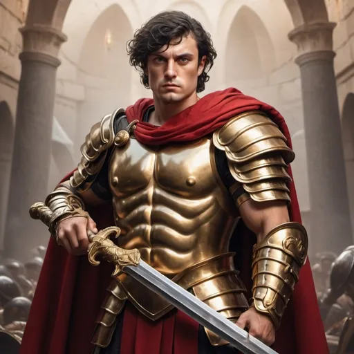 Prompt: hyper-realistic mussel set Roman warrior with short hair, golden armor with a red cape. Holding a fantasy sword, fantasy character art, illustration, dnd, warm tone