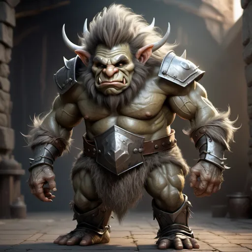 Prompt: Hyper-realistic hairy troll, strong and hornes on his head, steel plate armor over his  stomach,  full body image, fantasy character art, illustration, dnd, warm tone