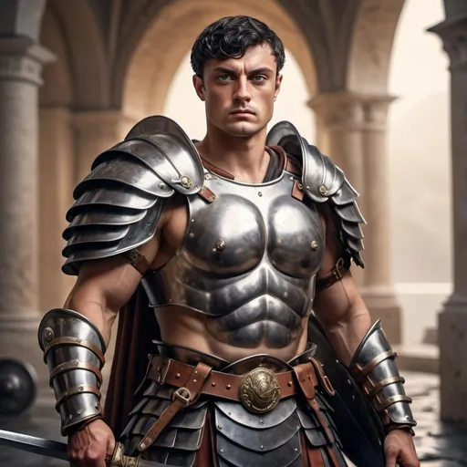 Prompt: hyper-realistic mussel set Roman warrior with short hair, fancy armor with a steel plate breastplate. Holding two fantasy swords, fantasy character art, illustration, dnd, warm tone