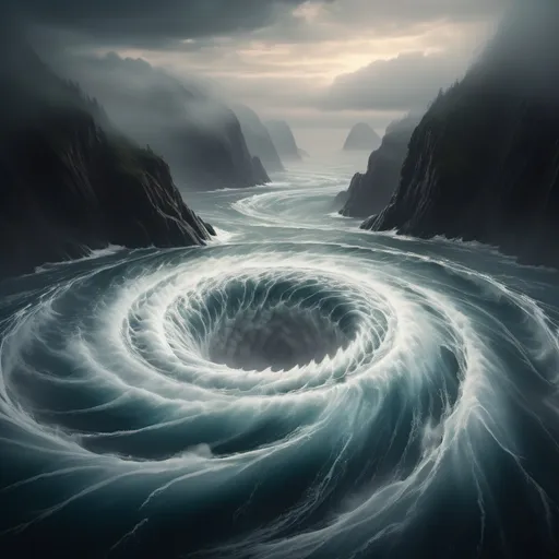 Prompt: Large whirlpool capable of swallowing several ships at once, foggy, dramatic fantasy ocean scene, cinematic lighting