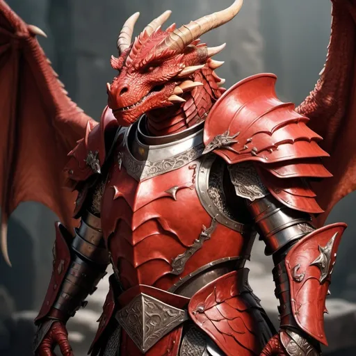 Prompt: hyper-realistic red dragonborn with wings in large plate armor fantasy character art, illustration, dnd, warm tone