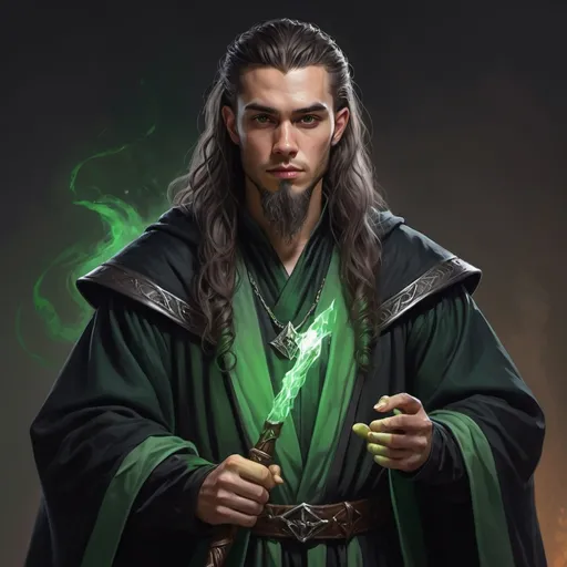 Prompt: hyper-realistic dark wizard in his 20's. Black and green robes.  Light skin, Powerful dark staff illustration, dnd, warm tone