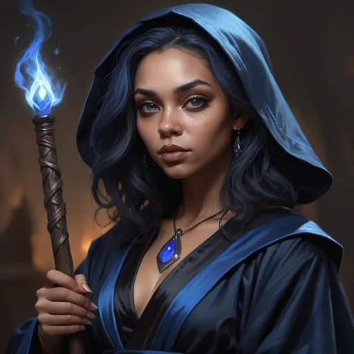 Prompt: hyper-realistic dark witch in her 20's. Black and blue robes.  Light skin, Powerful dark staff illustration, dnd, warm tone