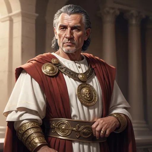 Prompt: Hyper-realistic roman statesman, fancy business clothing in his late 50's fantasy character art, illustration, dnd, warm tone