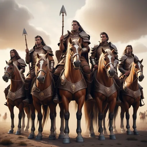 Prompt: hyper-realistic  Group of nomadic horse lords, leather armor, fantasy character art, illustration, dnd, warm tone