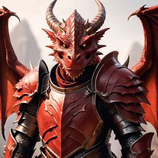 Prompt: hyper-realistic red dragonborn with wings in large plate armor fantasy character art, illustration, dnd, warm tone