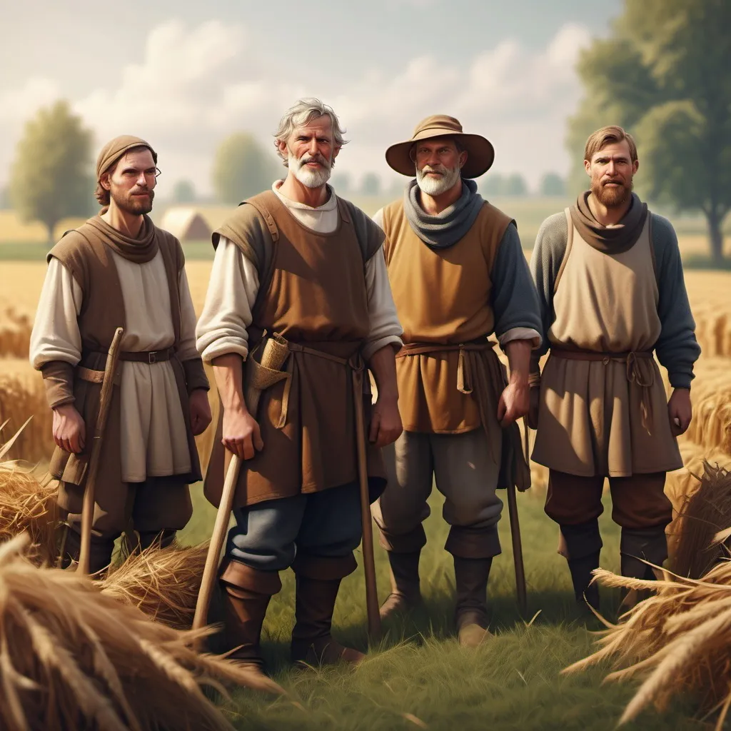 Prompt: hyper-realistic Group of medieval farmers, Common men in a field, fantasy character art, illustration, dnd, warm tone