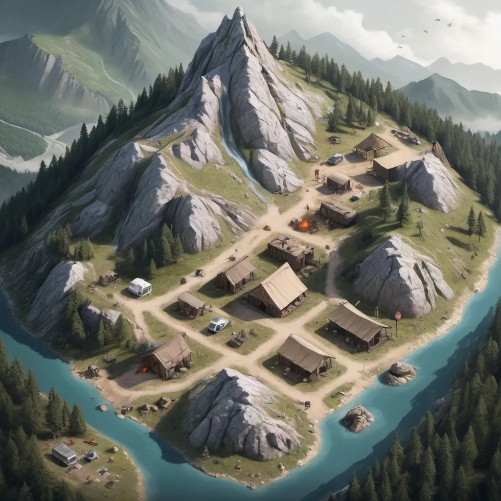 Prompt: Map of a Hyper-realistic mid-evil mountain camp 