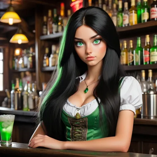 Prompt: 18 year old barmaid with long black hair and green eyes. The scene is a fantasy bar.
