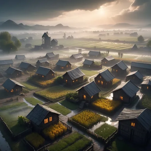 Prompt: small farming settlement with Buildings surrounding a central courtyard, foggy, planted fields, dramatic fantasy settlement scene, cinematic lighting