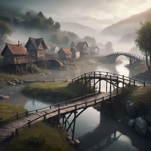 Prompt: small settlement, foggy, bridge and river, dramatic fantasy settlement scene, cinematic lighting