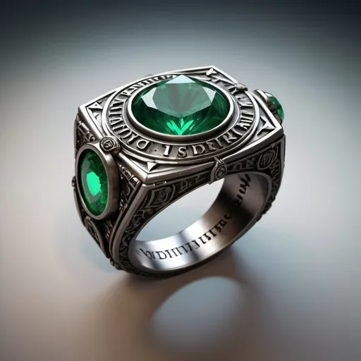 Prompt: hyper-realistic Magical Ring with Emeralds, Dwarven inscriptions, character, D&D