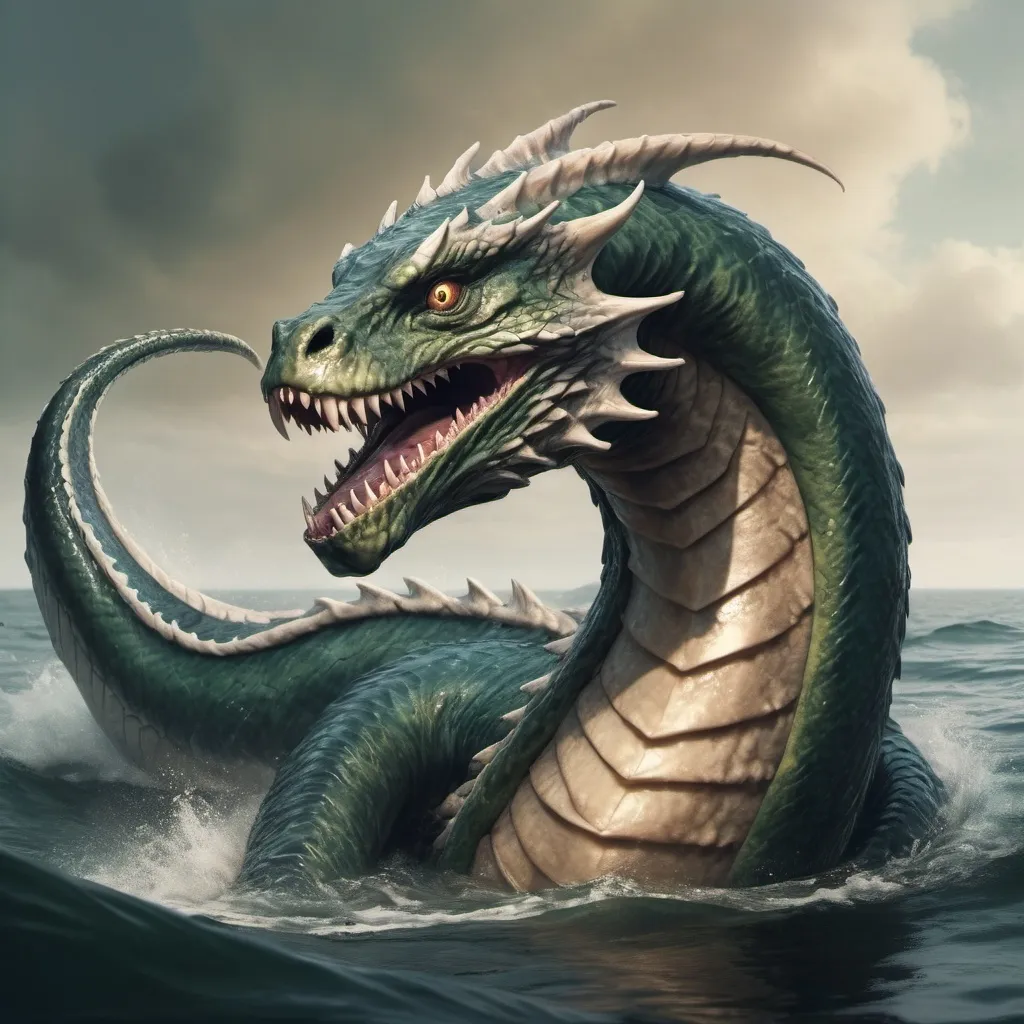 Prompt: hyper-realistic sea serpent monster, fantasy character art, illustration, dnd, warm tone