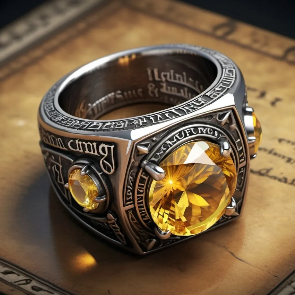 Prompt: hyper-realistic Magical Ring with Yellow topaz stones, Dwarven inscriptions, character, D&D