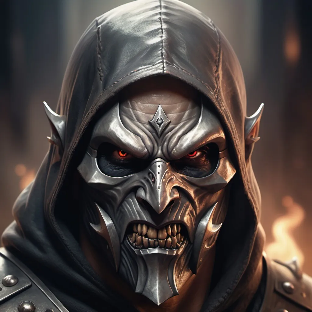 Prompt: hyper-realistic menacing evil man wearing a cold steel face mask, fantasy character art, illustration, dnd, warm tone