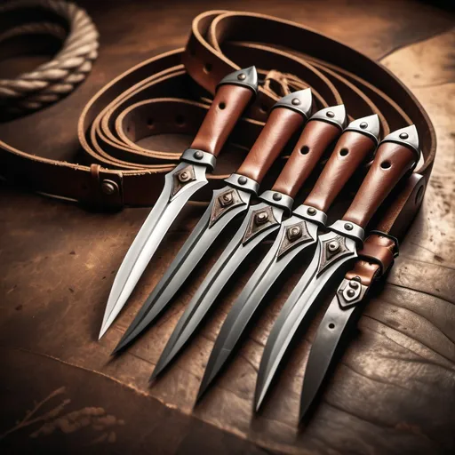 Prompt: hyper-realistic small set of throwing knives in a leather belt fantasy character art, illustration, dnd, warm tone