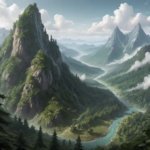 Prompt: Hyper-realistic area view of a forested mountainous continent , fantasy character, D&D