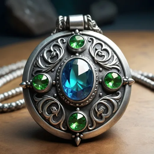 Prompt: hyper-realistic silver amulet with green and blue stones, fantasy character art, illustration, dnd, warm tone