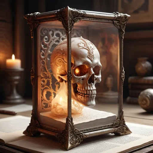 Prompt: hyper-realistic glass case with a cursed scroll , fantasy character art, illustration, dnd, warm tone