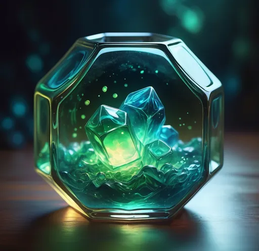 Prompt: hyper-realistic, sealed hexagonal glass object filled with magical glowing liquid,  blue and green, fantasy character art, illustration, dnd, warm tone