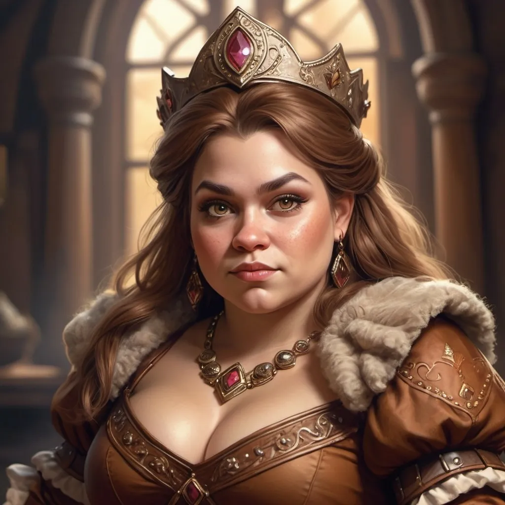 Prompt: Hyper-realistic human dwarf pricess, fancy brown dress fantasy character art, illustration, dnd, warm tone