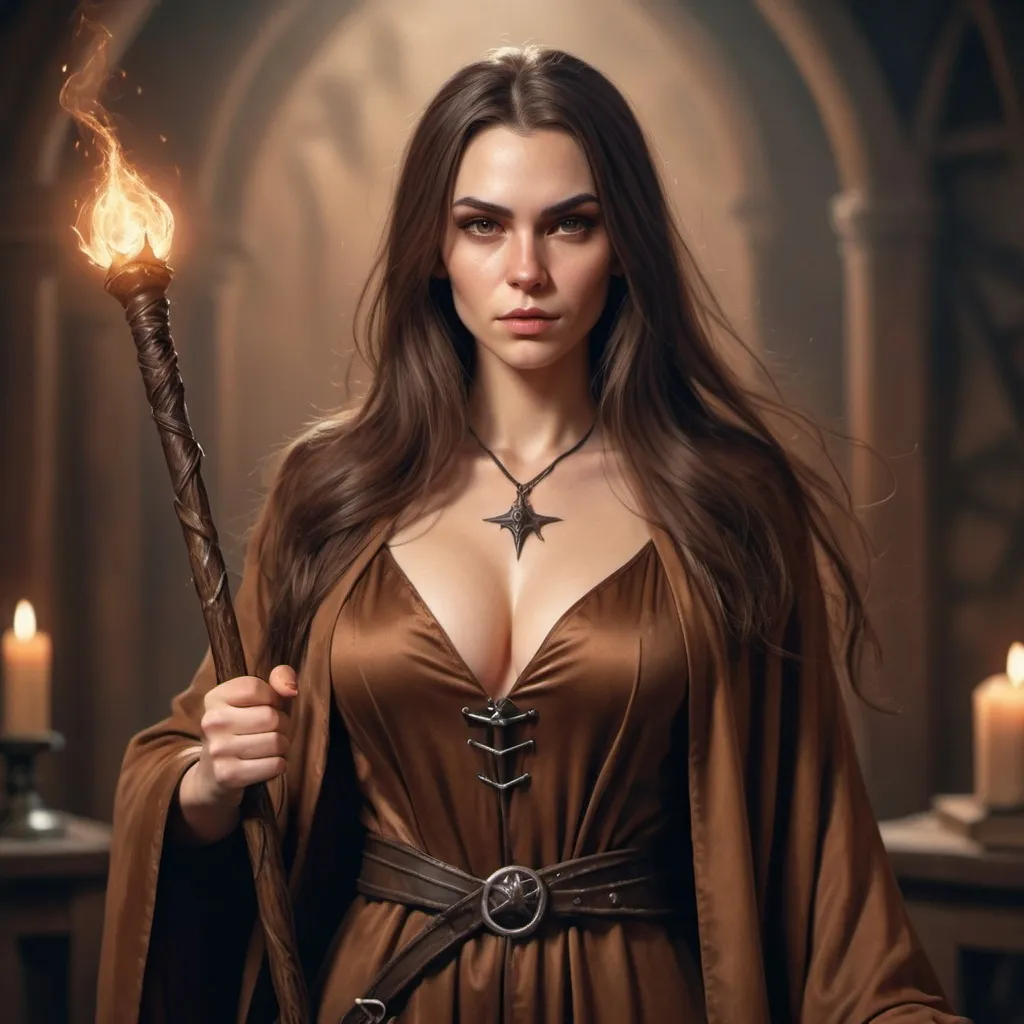 Prompt: hyper-realistic human witch with an open chest brown robe, she has long brown hair and is holding a tall power staff fantasy character art, illustration, dnd, warm tone