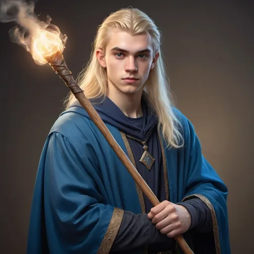 Prompt: hyper-realistic 18 to 20 year old wizard with blue robes and a wooden staff. Clean shaven and blond hair, fantasy character art, illustration, dnd, warm tone