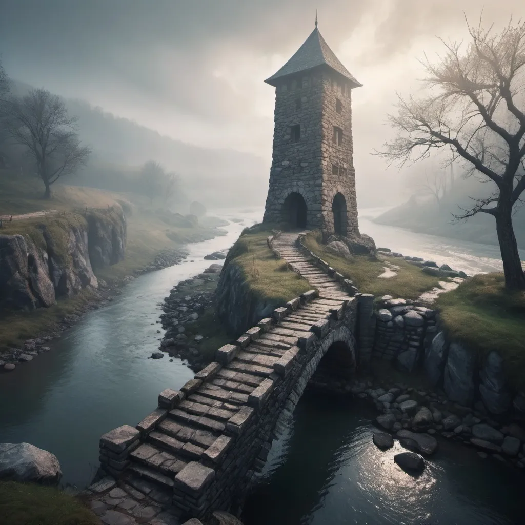 Prompt: small stone tower, foggy, bridge and river, dramatic fantasy settlement scene, cinematic lighting