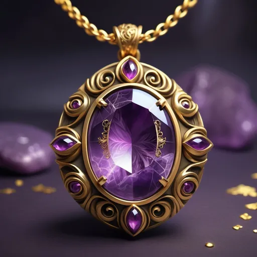 Prompt: hyper-realistic gold necklace pendant, enchanted purple gemstone, fantasy character art, illustration, dnd, warm tone